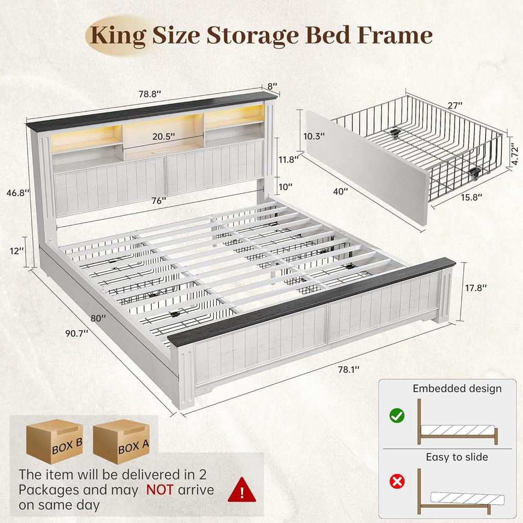 EnHomee King Bed Frame and Headboard, King Size Bed Frame with 4 Storage Drawers, King Bed with LED Lights & Charging Ports,No Box Spring Needed,NO Noise,Wooden, White