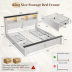 EnHomee King Bed Frame and Headboard, King Size Bed Frame with 4 Storage Drawers, King Bed with LED Lights & Charging Ports,No Box Spring Needed,NO Noise,Wooden, White
