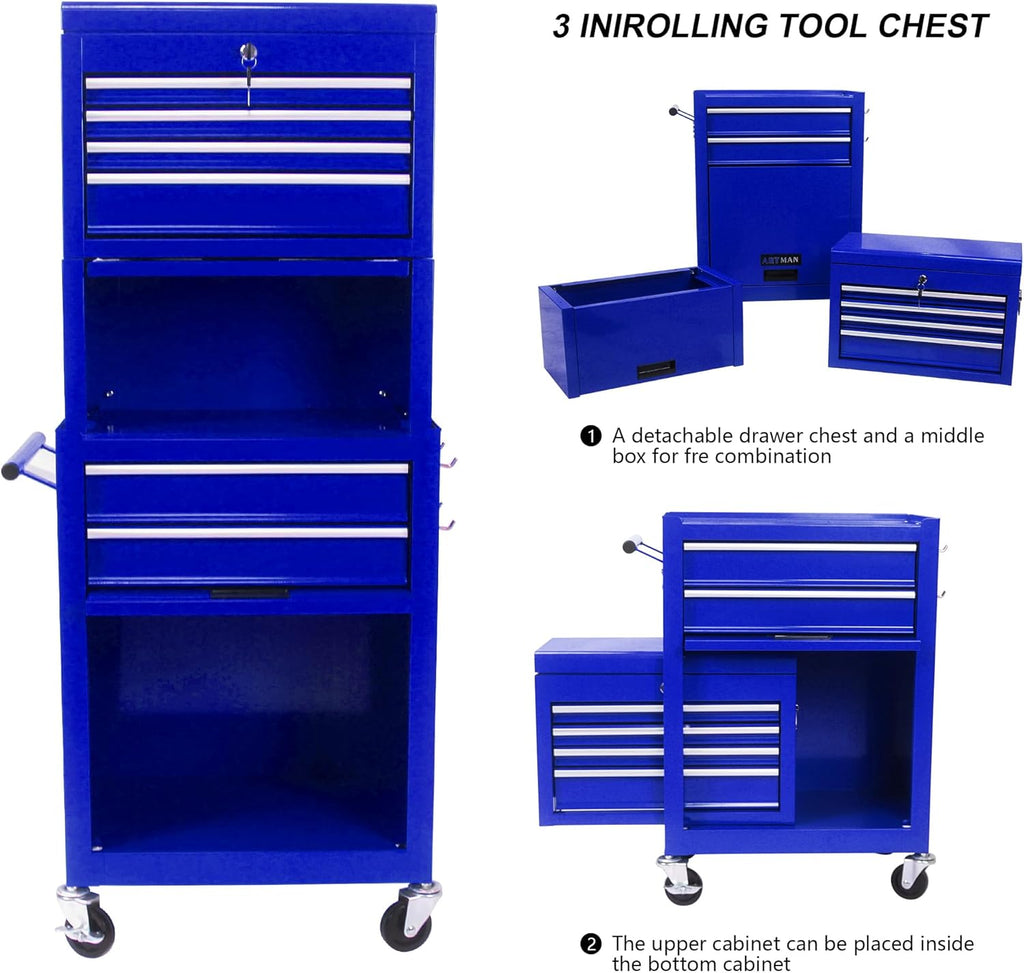RYH 6 Drawers Rolling Tool Chest & Tool Box on Wheels | Heavy Duty Metal Cart with Ball Bearing Drawers | Fits US General Tool Box for Garage Storage(Blue, 6 Drawers 3 in 1/51.99" H × 20.87" W)