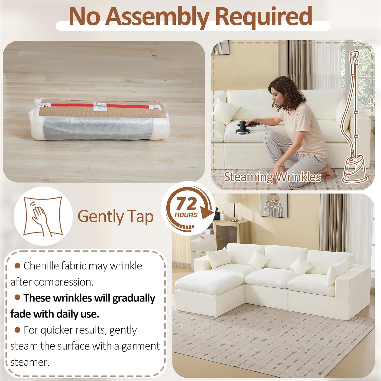 115''Cloud Boneless Sectional Couch, Modular Sectional Sofa Deep Seat with Ottoman, Oversized Upholstered Convertible Comfy 4 Seater Chenille Sofa L Shape Couches for Living Room, Beige