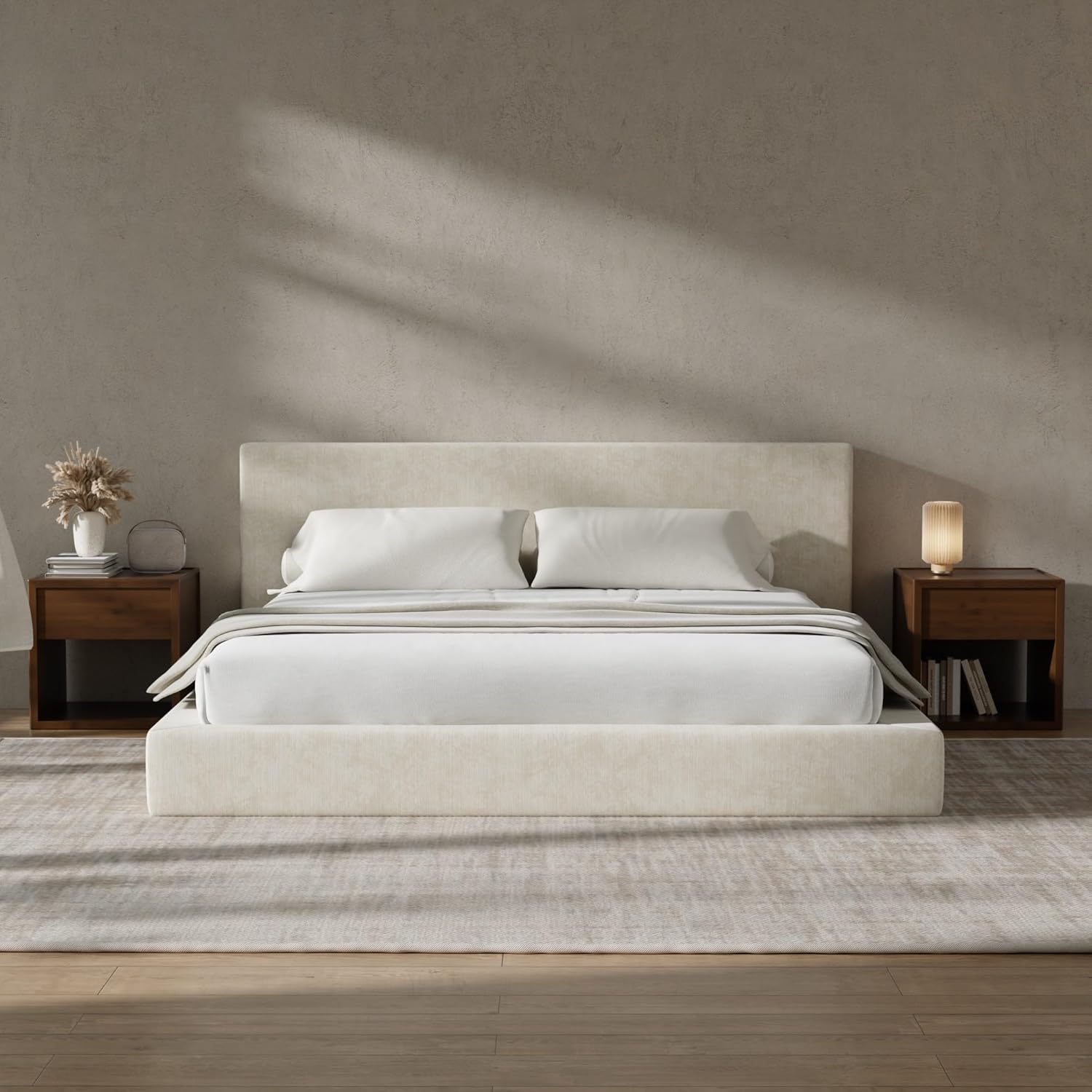RECCI Cloud Upholstered King Bed Frame with Headboard, 5 Inch Foam Padded Platform, No Box Spring, Easy Assembly (Cream)
