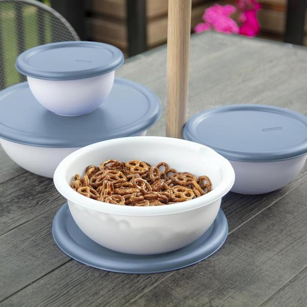 Sterilite Covered Bowl Set, Plastic Nesting Kitchen Mixing Bowls with Pour Spout, Meal Prep Food Storage Containers with Lids, Washed Blue (Set of 12)