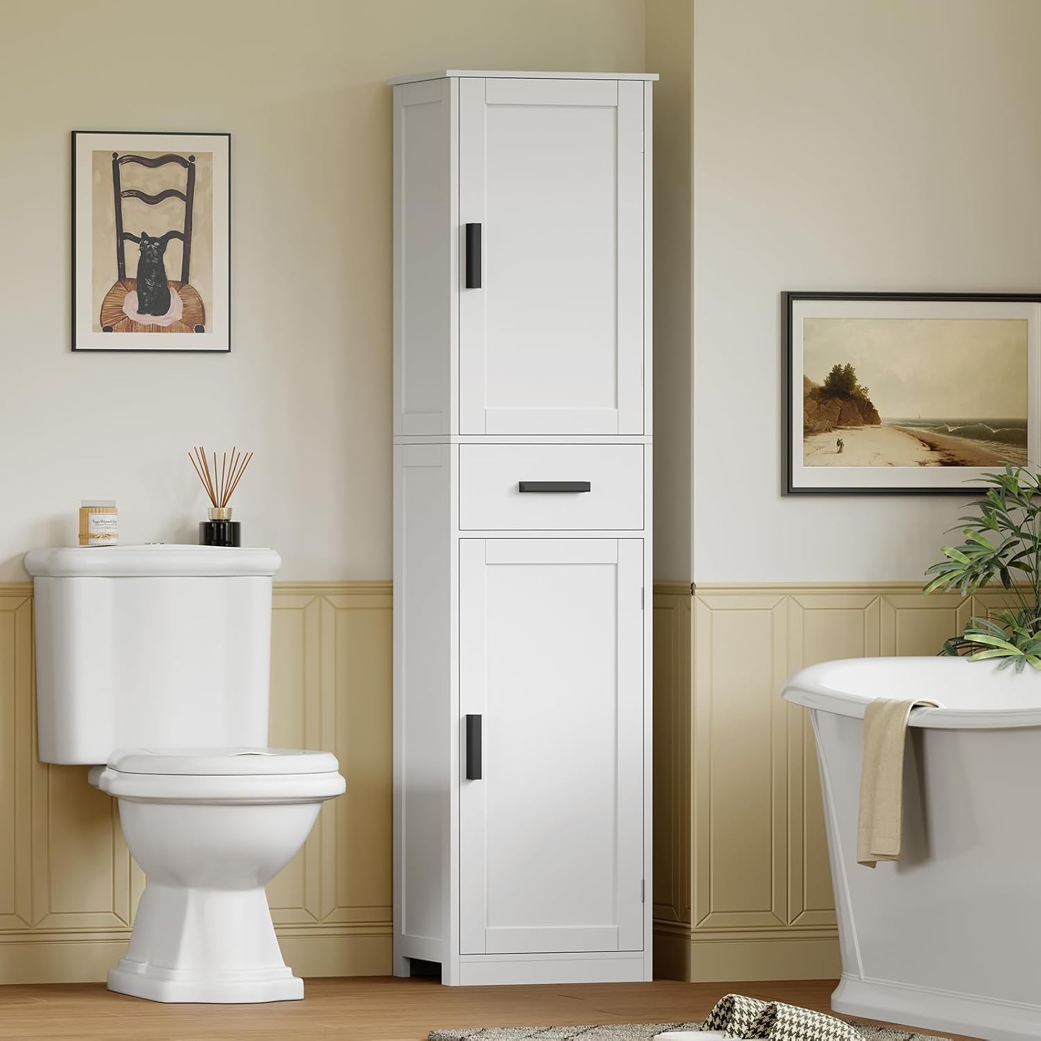 usikey 67'' Tall Bathroom Cabinet, Storage Cabinet with 4 Shelves & 2 Doors, Narrow Storage Cabinets for Bathroom, Living Room, Home Office, White