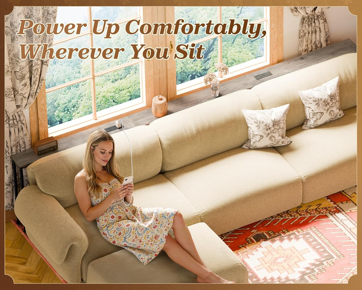 SUPERJARE Sofa Table with 2 Power Outlets and USB-C Ports, 5.9 Inch Narrow Console Table with Storage, Extra-Long, for Entryway Hallway Couch Behind Sofa, Small Spaces (Oak, 5.9"D x 110.2"W x 29.7"H)