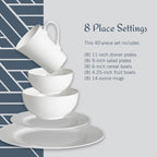 Mikasa Delray 40-Piece Bone China Dinnerware Set, White Round Dishes for 8 - Dinner Plates, Salad Plates, Cereal Bowls, Fruit Bowls and Mugs