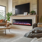 PHI VILLA 72" Electric Fireplace Wall Mounted, Recessed Wall Fireplace Electric with Crystal, Fake Charcoal & Firewood Bed for Indoor, Remote Control, 750W/1500W, Timer, Ultra-Narrow Bezel