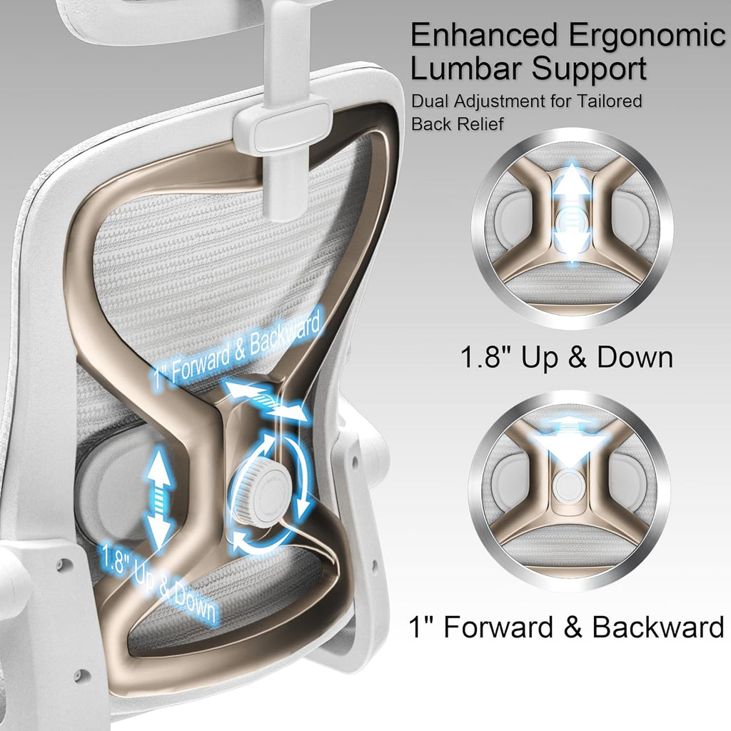 Ergonomic Office Chair for Back & Neck Pain Relief, Virgin Foam Seat, 2D Adjustable Lumbar & 3D Headrest, Tilt & Rock for Relaxation, Ideal for Long Sitting Comfort, White/Gold
