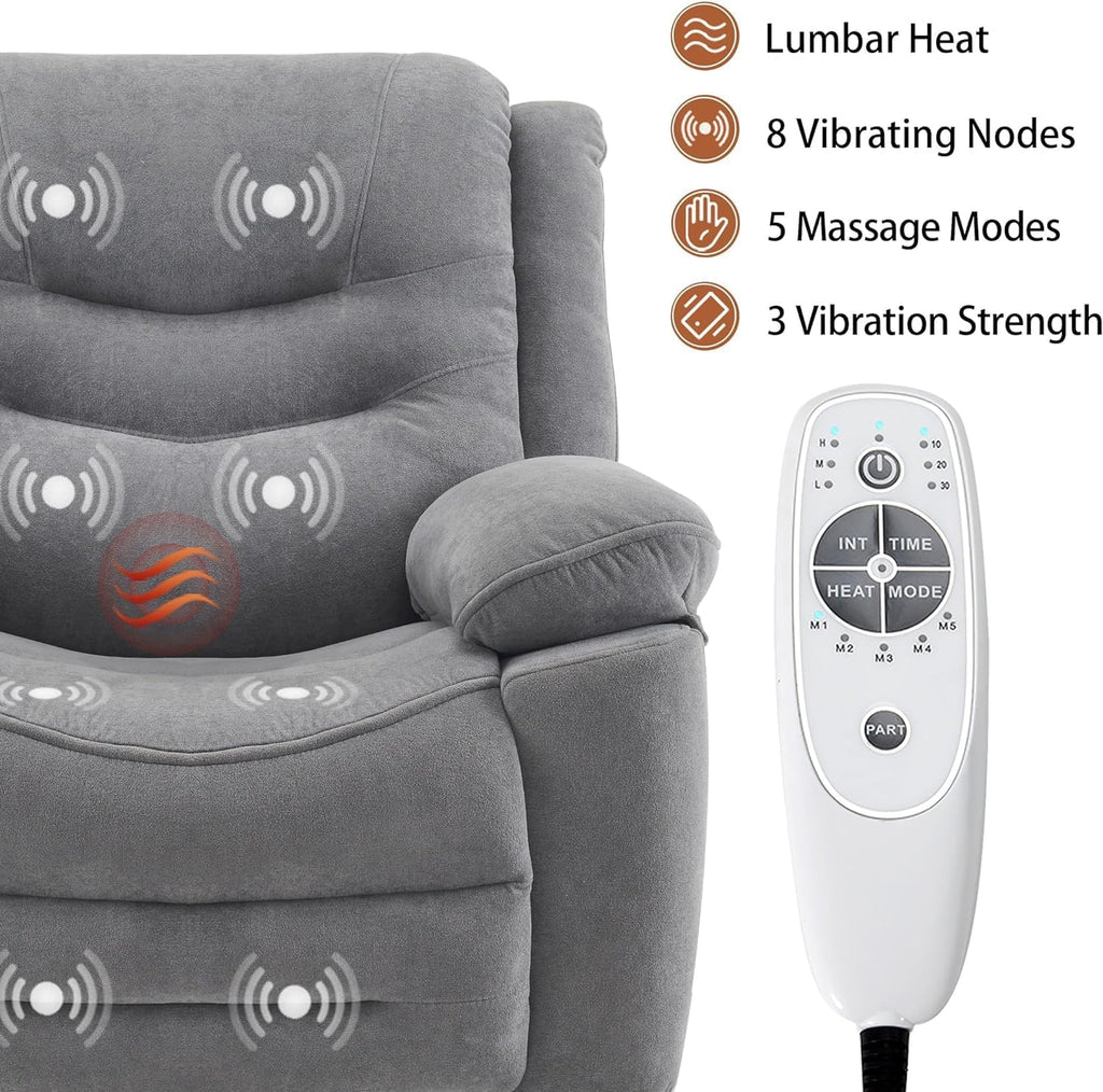 Power Swivel Rocker Recliner with Massage and Heat, USB Port, Infinite Position, Oversized Electric Glider Rocking Chairs Living Room, Soft Fabric Reclining Sofa Chair(Misty Gray)