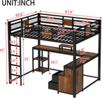 Bellemave Queen Loft Bed with Desk and Fabric Drawer, Metal Queen Loft Bed Frame with guardrail and Ladder for Adults, Kids, Teens, Black