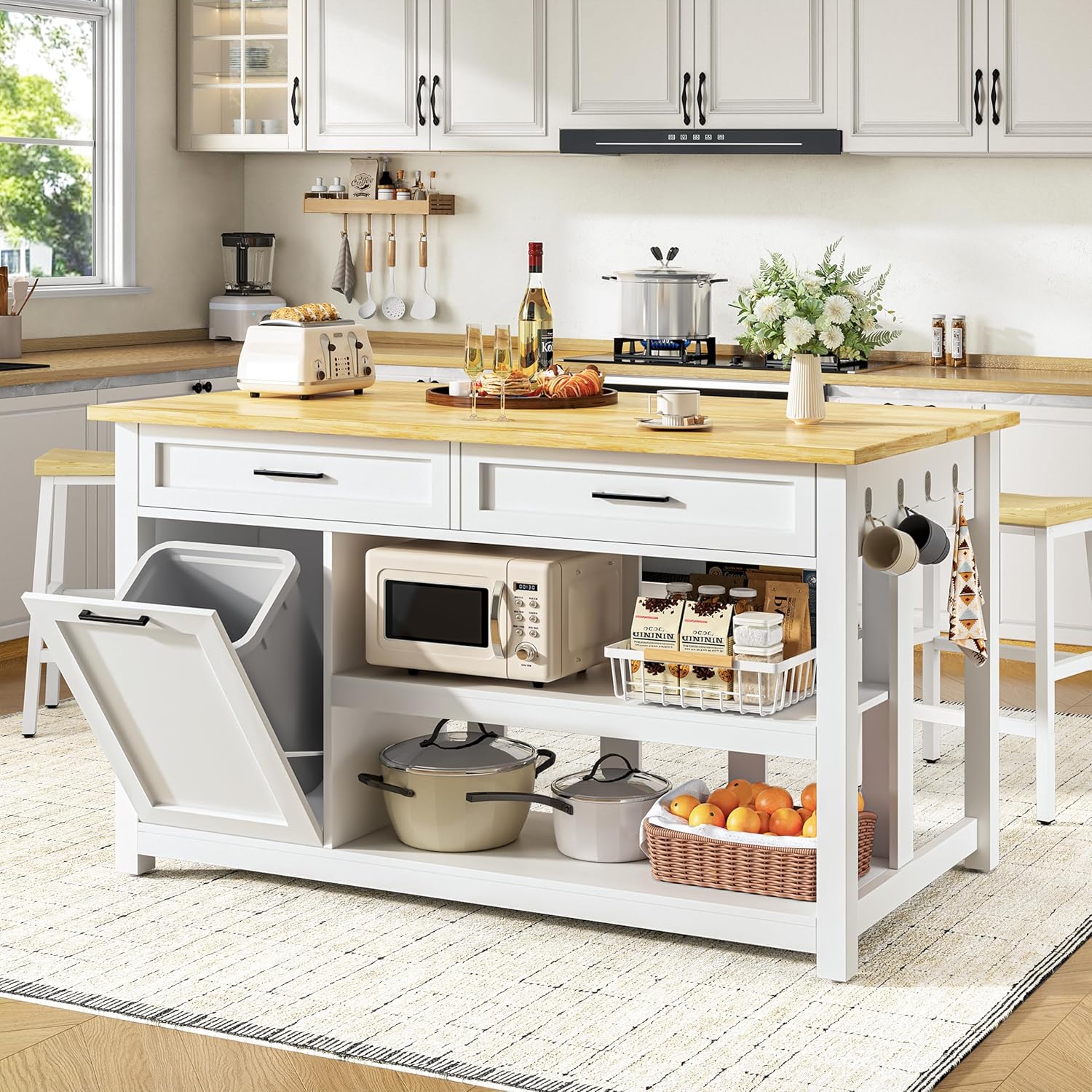 Kitchen Island with Storage and Seating Include 2 Bar Stools, 47" Solid Rubberwood Top Kitchen Island with Trash Can Storage, Power Outlet, 2 Drawers & Open Shelves Cabinet, Dining Table for 2, White