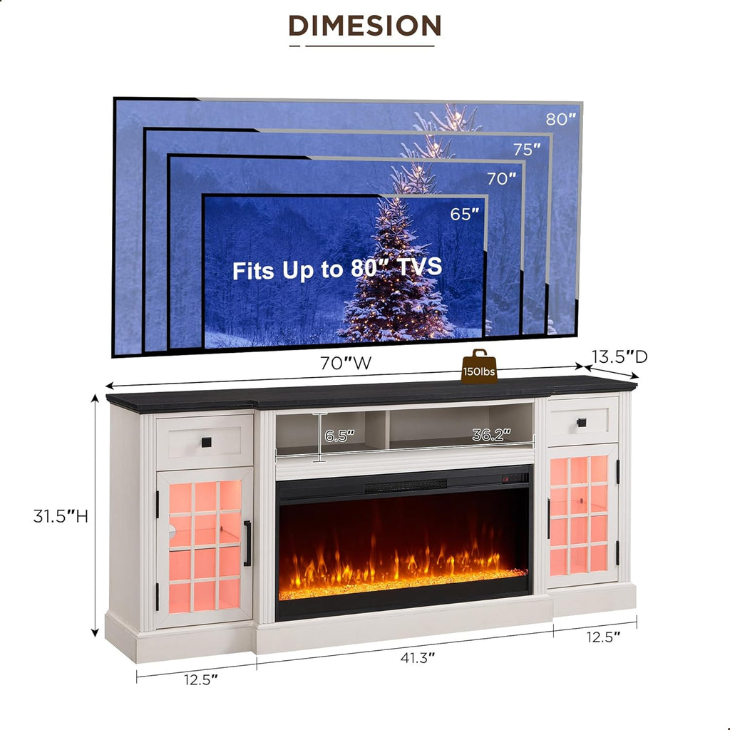ACCOHOHO Farmhouse Fireplace TV Stand for 80 Inch TV, Entertainment Center w/ 36'' Electric Fireplace & LED Lights, Mordern Media Console with Storage Drawers & Cabinets for Living Room, White