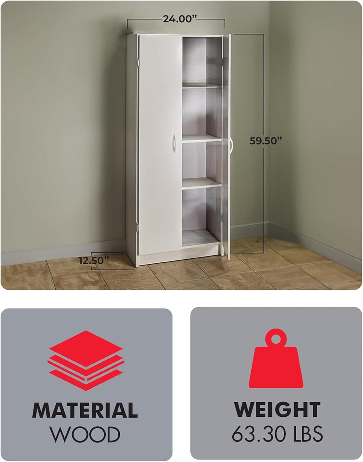 ClosetMaid Pantry Cabinet Cupboard with 2 Doors, Adjustable Shelves, Standing, Storage for Kitchen, Laundry or Utility Room, White