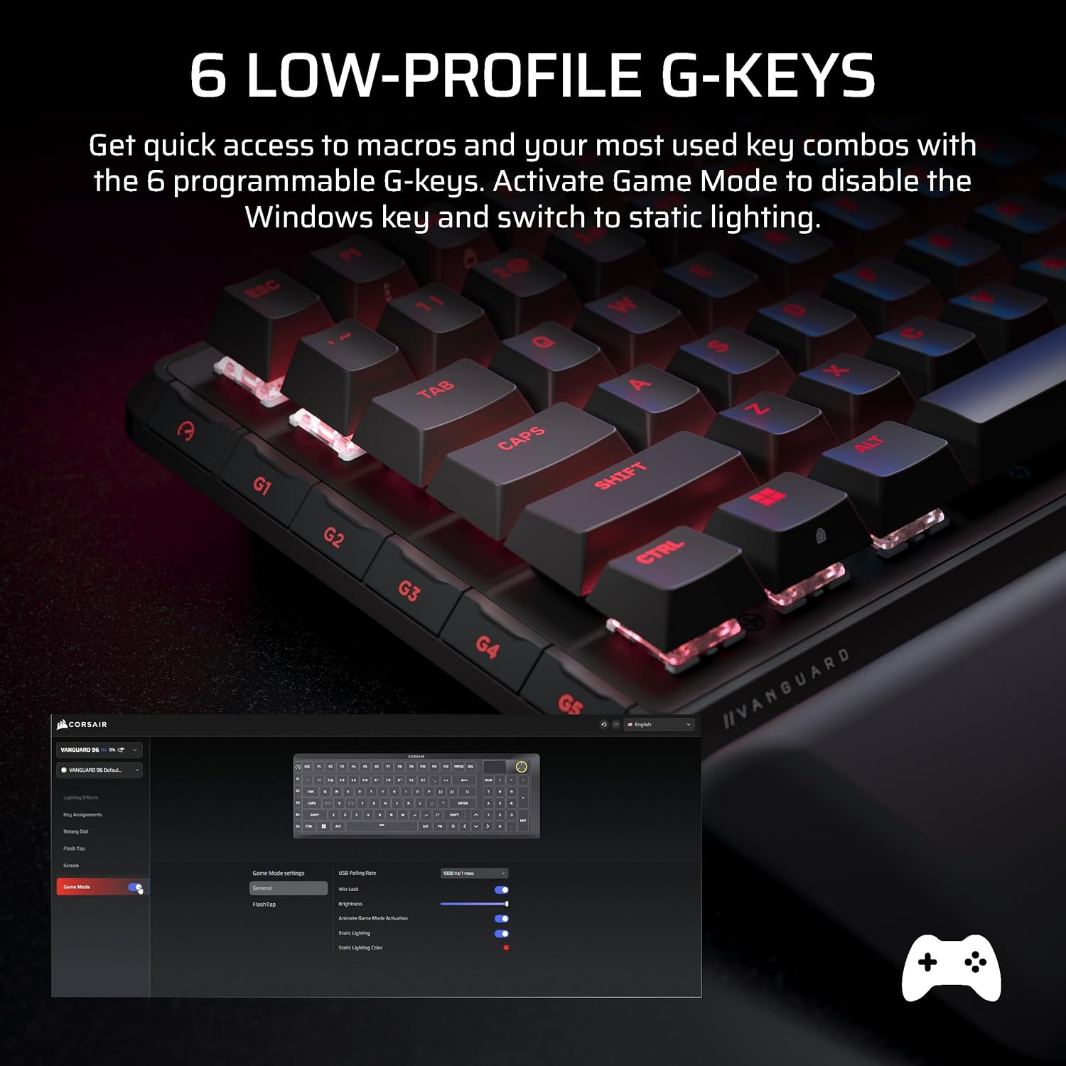 Corsair Vanguard 96 Wired Mechanical Gaming Keyboard – 96% Layout, MLX Fusion Tactile Switches, 8000Hz Polling, LCD Display, Virtual Stream Deck, G-Keys, SOCD Flashtap, QWERTY US – Black
