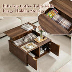 Fluted Lift Top Coffee Table on Wheels, Walnut Storage Coffee Table with Adjustable Height for Living Room, Office