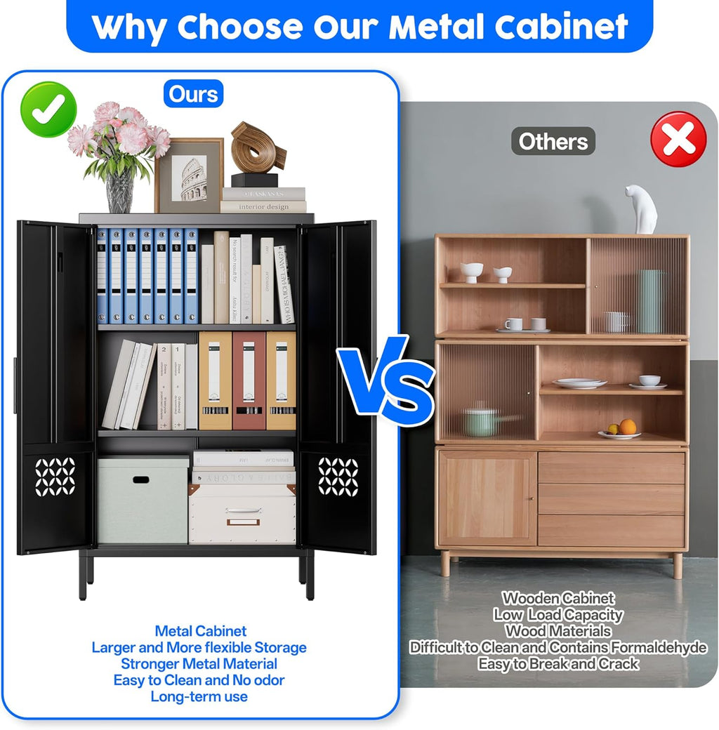 Metal Storage Cabinet with Adjustable Shelves,Metal Sideboard Cabinet with 2 Doors for Home,Office, 42" H x 26" W x 14" D,Assembly Required,Black
