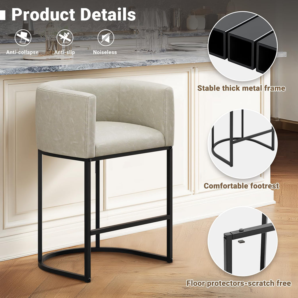 26" H Counter Height Bar Stools Set of 4, Modern Barrel Counter Stools with Backrest and Arms, Faux Leather Upholstered Accent Barstools for Kitchen Island,Support 450 LBS (Grayish White)