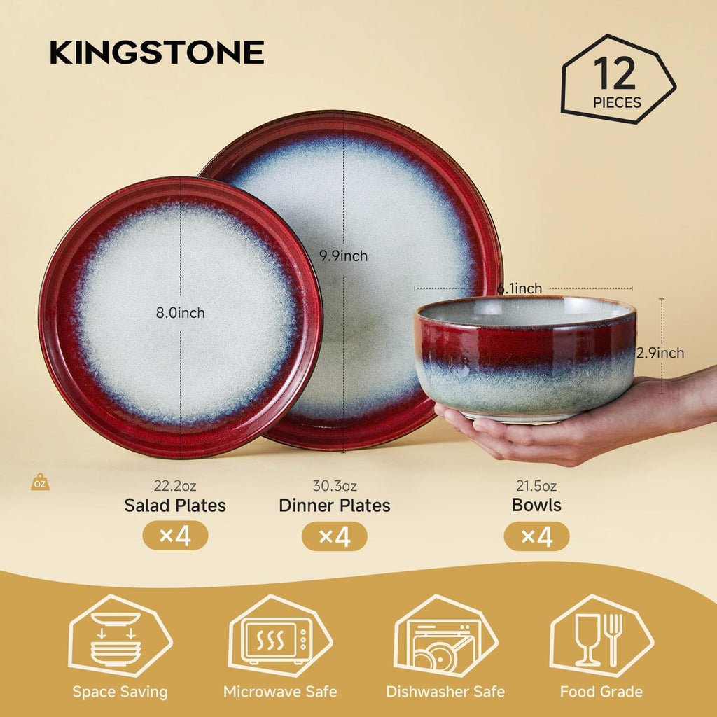 KINGSTONE Stoneware Dinnerware Sets for 4, 12-Piece Reactive Glaze Plates and Bowls Sets, Scratch-Resistant Rustic Ceramic Dish Set for Home Kitchen, Microwave and Dishwasher Safe, Kiln-Fired Red