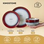 KINGSTONE Stoneware Dinnerware Sets for 4, 12-Piece Reactive Glaze Plates and Bowls Sets, Scratch-Resistant Rustic Ceramic Dish Set for Home Kitchen, Microwave and Dishwasher Safe, Kiln-Fired Red
