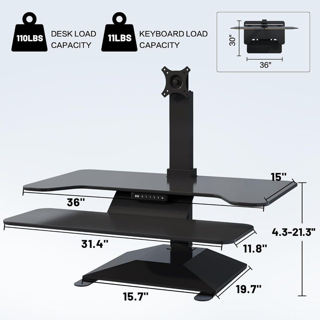 Electric Standing Desk Converter 36" Wide, Height Adjustable Desk Riser, Computer Workstation, Sit-Stand Convertor for Home, Office, School (Black, 1 Arm Included)