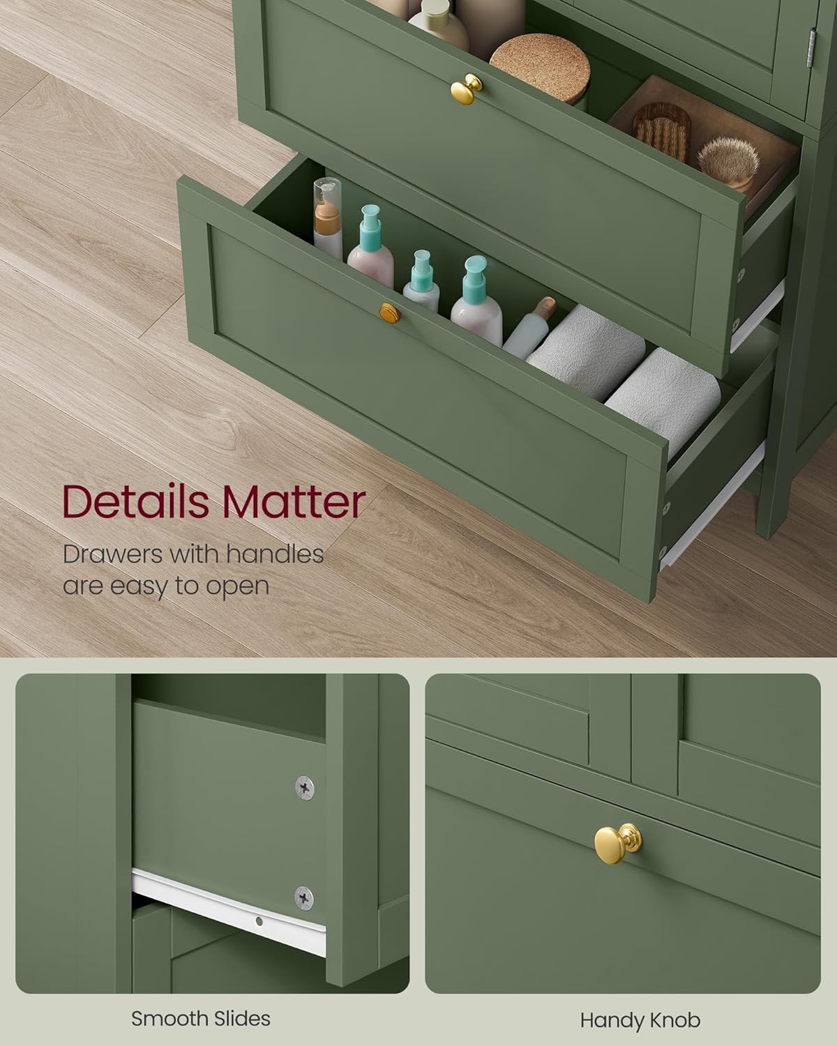 VASAGLE Bathroom Floor Storage Cabinet, Bathroom Storage Unit, Freestanding Cabinet with 2 Drawers and 2 Doors, Adjustable Shelf, 11.8 x 23.6 x 43.3 Inches, Forest Green UBBC551C01