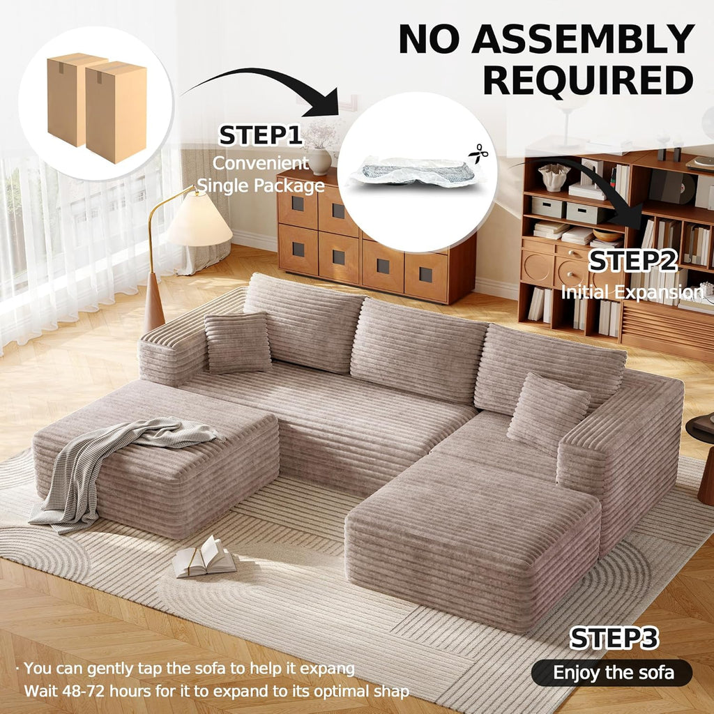 108.2" Modular Sectional Sofa with Deep Seat, Boneless U Shaped Corduroy Couch Modern Comfort, Cloud Couch Oversized for Living Room No Assembly (Camel)
