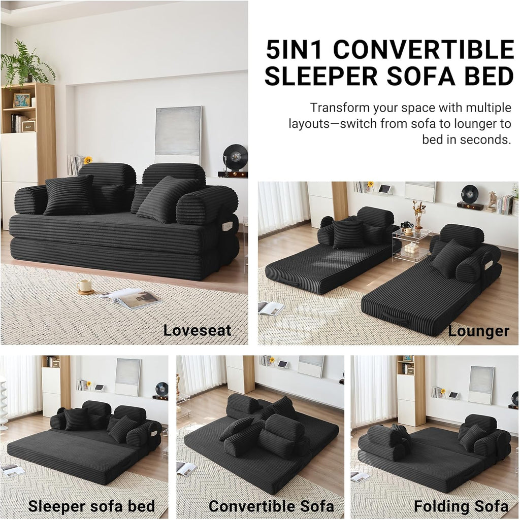 79" Boneless Couch with High Backrest Headrest, Comfy Modular Foldable Floor Sleeper Sofa, 5-in-1 Convertible Sofa Bed for Living Room, Bedroom, Lounge, Studio, Black