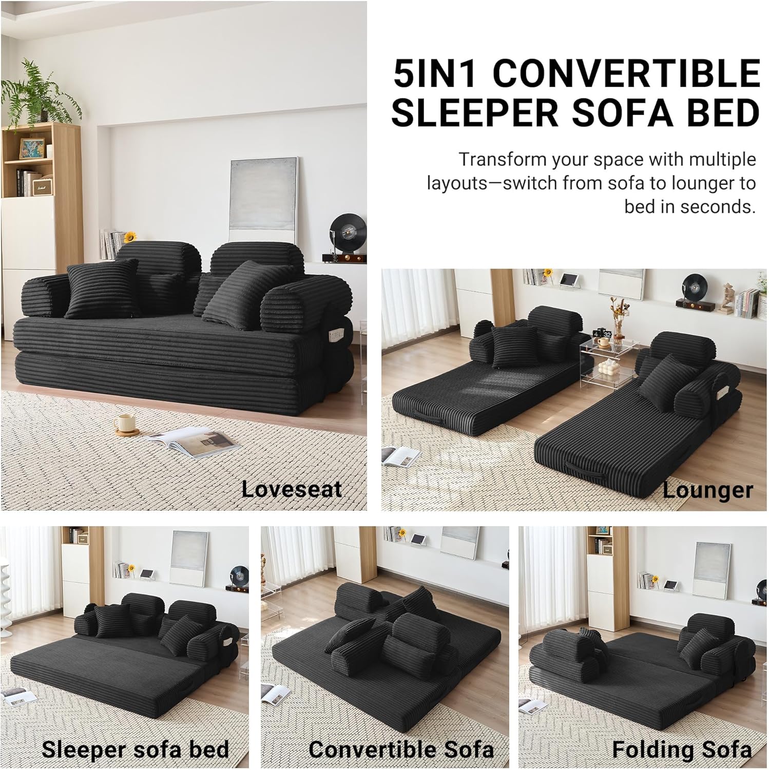 79" Boneless Couch with High Backrest Headrest, Comfy Modular Foldable Floor Sleeper Sofa, 5-in-1 Convertible Sofa Bed for Living Room, Bedroom, Lounge, Studio, Black