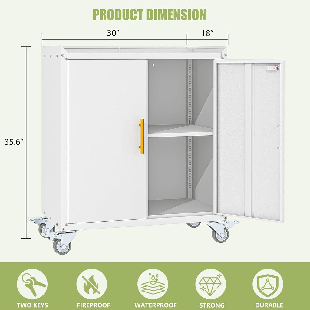 Metal Storage Cabinet with Wheels,Rolling Tool Cabinets with Doors and Adjustable Shelves,Lockable Garage Storage Cabinet,Heavy Duty Tool Chest for Home Office Utility Room,Assembly Required,White