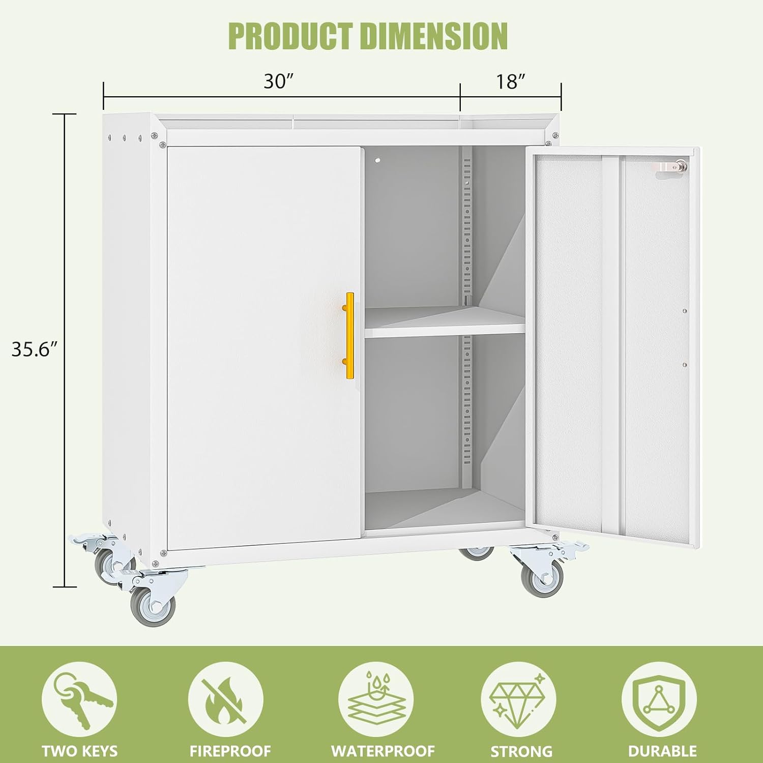 Metal Storage Cabinet with Wheels,Rolling Tool Cabinets with Doors and Adjustable Shelves,Lockable Garage Storage Cabinet,Heavy Duty Tool Chest for Home Office Utility Room,Assembly Required,White