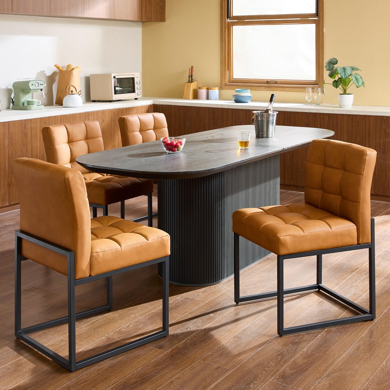 Brown Faux Leather Dining Chairs Set of 2, Mid-Century Modern Dining Room Chairs with Armless, Checkered Kitchen Chair with Metal Legs