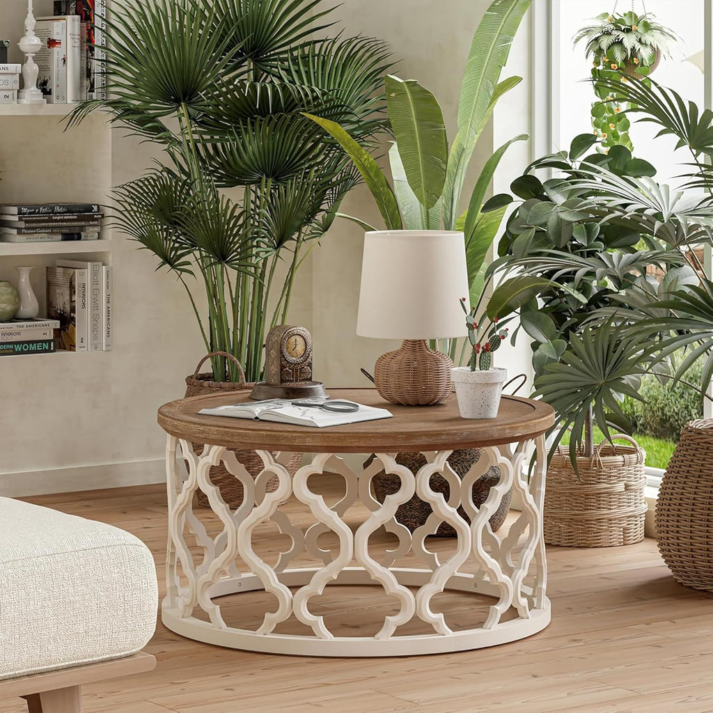 COZAYH Farmhouse Round Coffee Table, Distressed Wood Tray Top with Curved Motif Base, Rustic Boho French Country Living Room Table, White