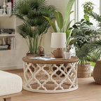 COZAYH Farmhouse Round Coffee Table, Distressed Wood Tray Top with Curved Motif Base, Rustic Boho French Country Living Room Table, White