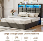 Lift Up Full Size Bed Frame with Storage, Upholstered Full Bed Frame with LED Lights Headboard and Charging Station, No Box Spring Needed, Easy Assembly - Dark Grey