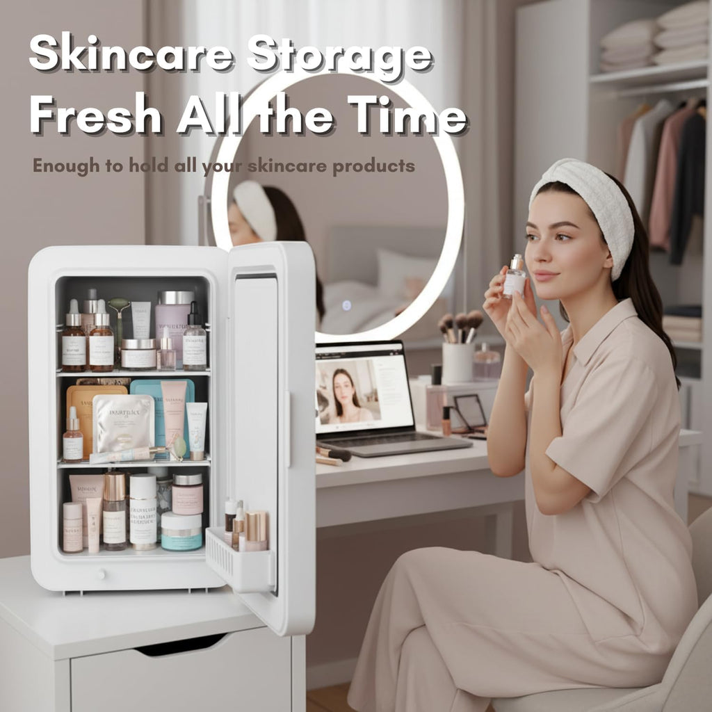 Kikihuose 12L/22L Mini Fridge for Bedroom, Personal Small Refrigerator for Skin Care, Cosmetics, 110V/12V Portable Refrigerator Cooler & Warmer for Drinks, Food, Beauty, Makeup, Dorm, Car, Office