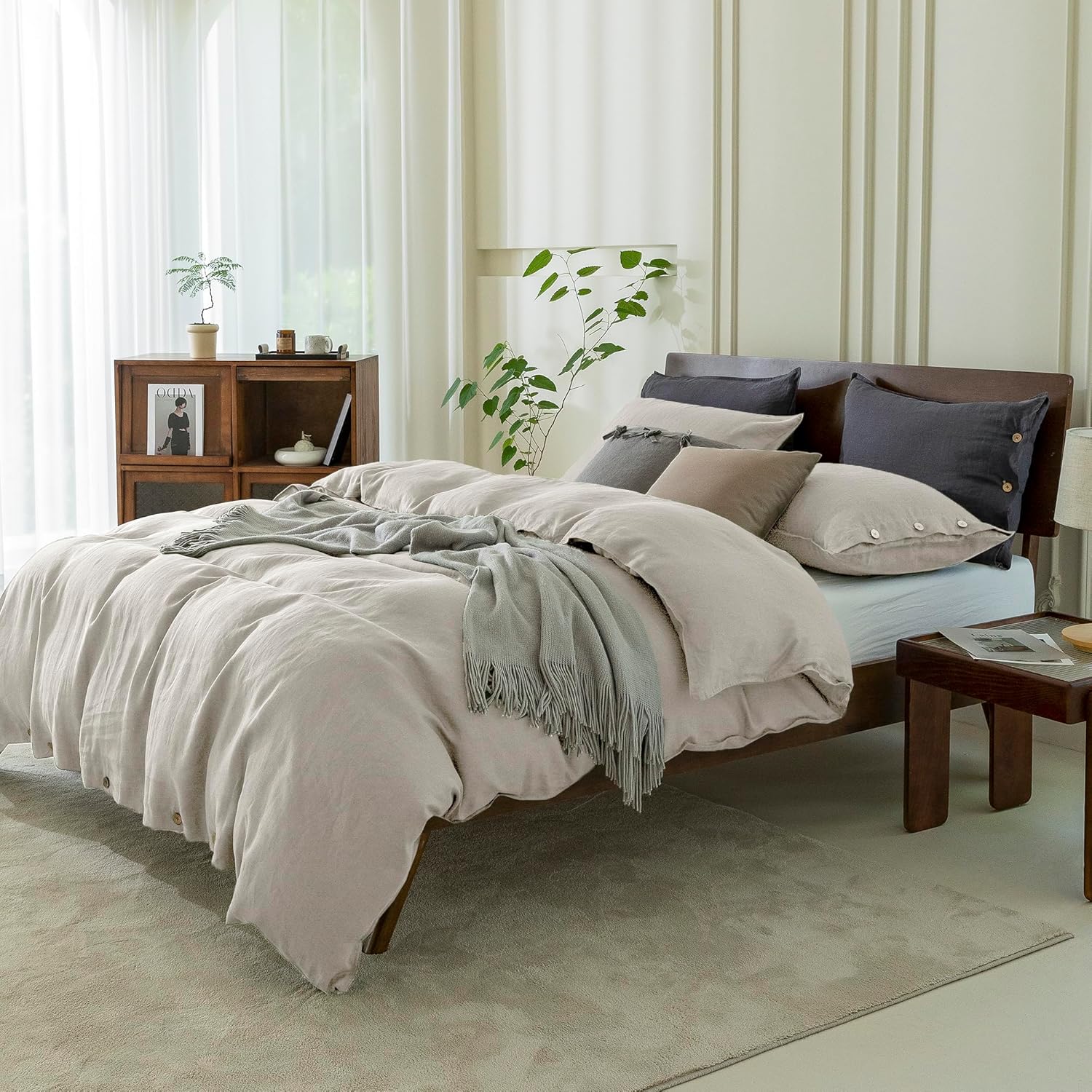 EVERLY 100% Pure Linen Duvet Cover Set Queen Size90X90Inch 3pcs (1 Duvet Cover,2 Pillowcases) Soft and Breathable for All Season with Coconut Button Closure, Suitable for Hot Sleepers-Linen-Queen