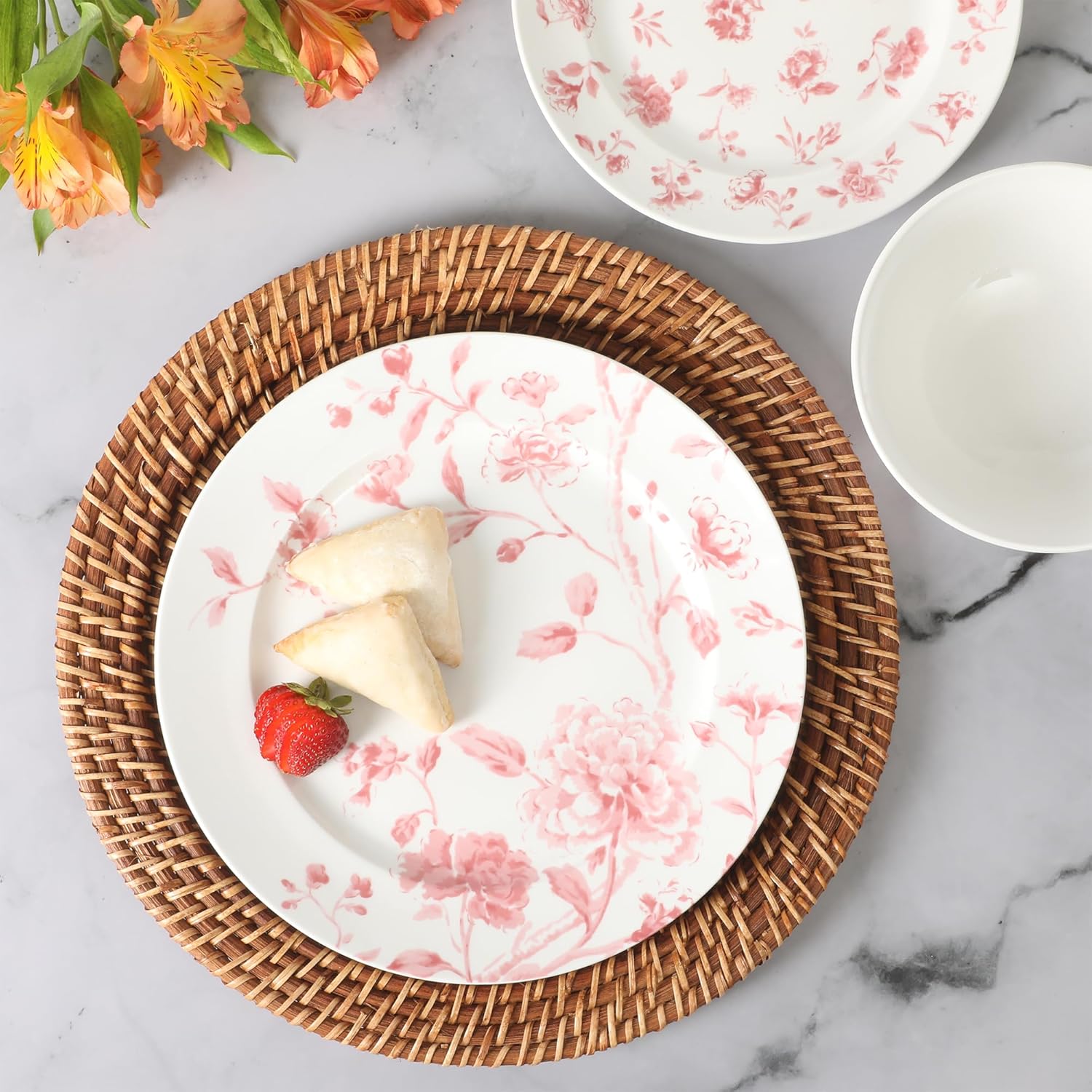 Martha Stewart Empress Bouquet 12-Piece Decorated Porcelain Chip and Scratch Resistant Dinnerware Plates and Bowls Set - Pink Floral
