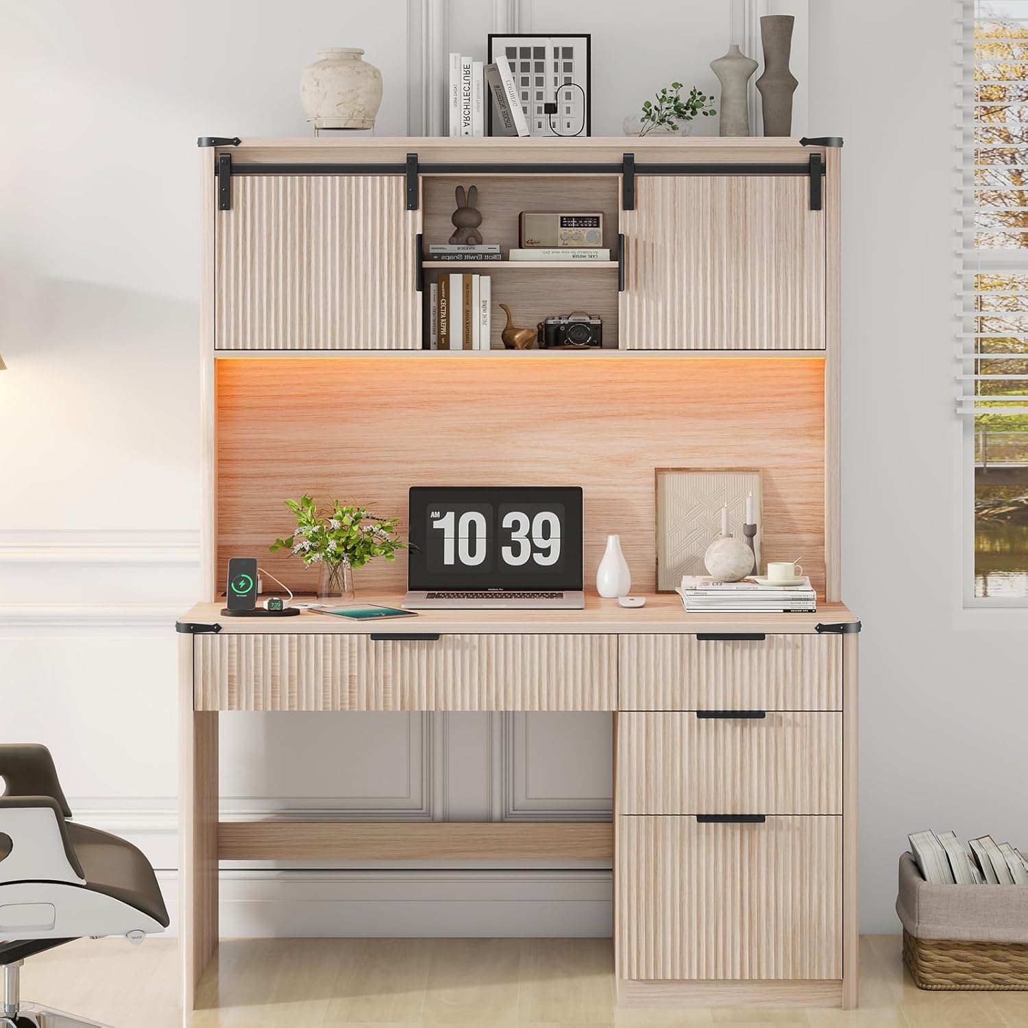Farmhouse 67" H Executive Desk with Fluted Drawers,4 Drawers Fluted Computer Desk with LED Light,Charging Hub,Wood Workstation with Hutch and Sliding Barn Doors for Work and Study