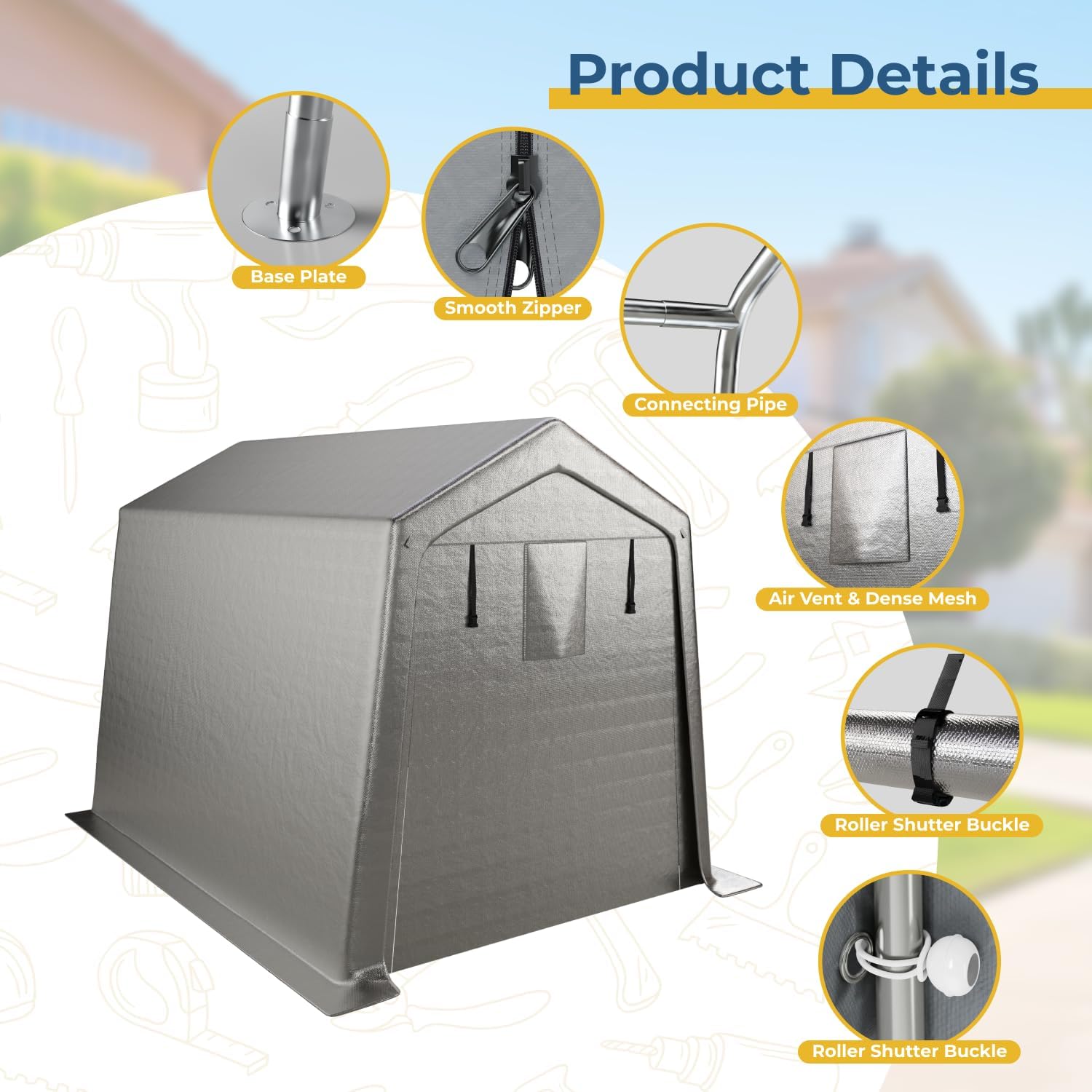 LINKHOO 7 x 10 FT Carport, Portable Shed w/220G Heavy Duty Waterproof PE Tarp, Roll-up Zipper Door & Vent, Weather-Resistant Storage Shed for Motorcycle, Bike and Tools, Gray
