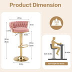 VECELO Bar Stools Set of 2, Adjustable Barstools Counter Height Stools with Back and Arm, Velvet Woven Kitchen Island Stools w/Gold Metal Leg Base, 360° Swivel Bar Chair, Pink