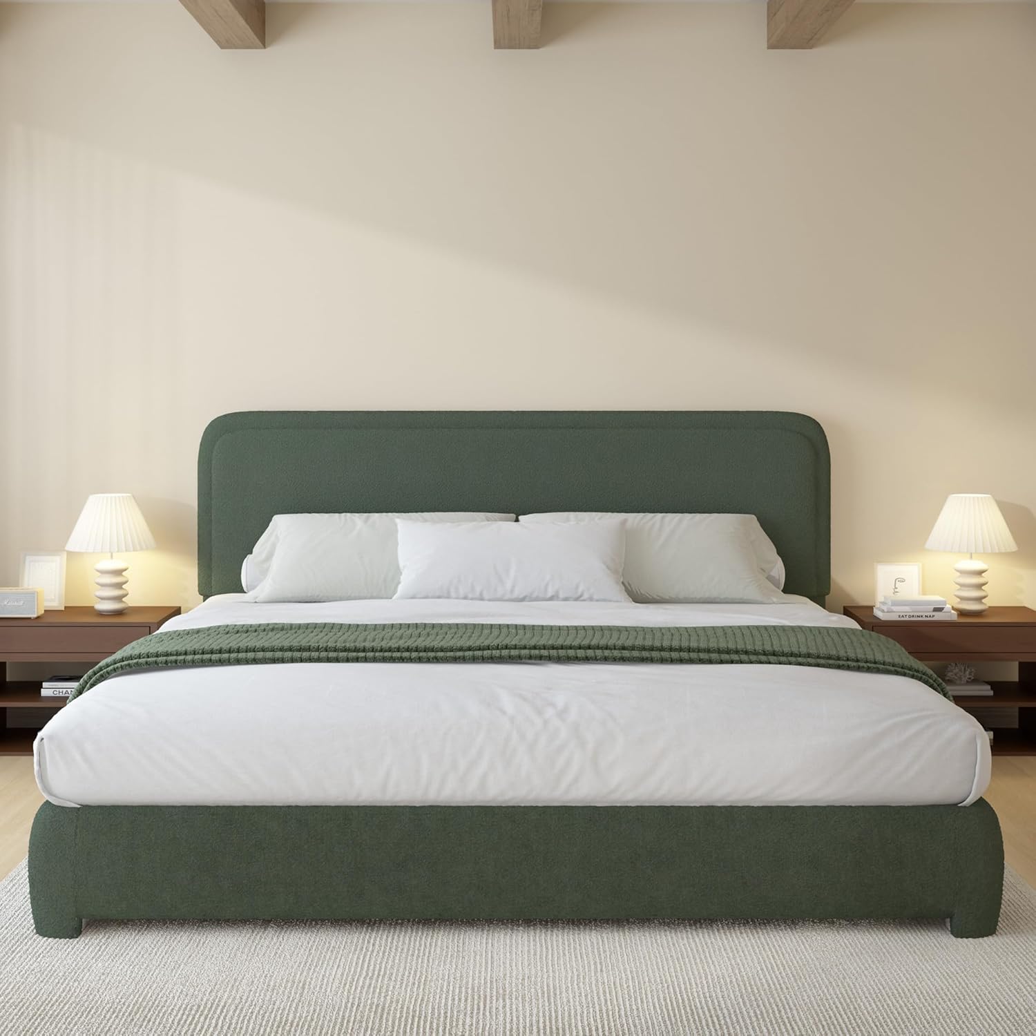 BarnFurin King Size Boucle Bed Frame and Headboard, Cloud Upholstered Platform Bed Frame, Soft Rounded Corners, No Box Spring Required, Non-Slip and Noise-Free, Easy Assembly, Green