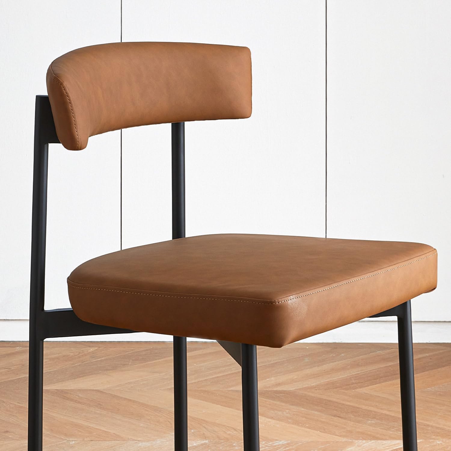 Brown Modern Bar Stools Set of 3, 24 Inch Faux Leather Counter Stools with Curved Backrest, Counter Height Bar Stool for Kitchen Island