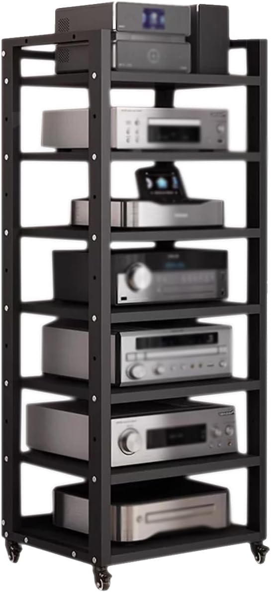 7 Tier Audio Rack Tower  CD Record Player Stereo Receiver AV Equipment Cabinet Display Rack  Weight Capacity 661 lbs  with Adjustable Wooden Shelves for Home (7 Tier Black)