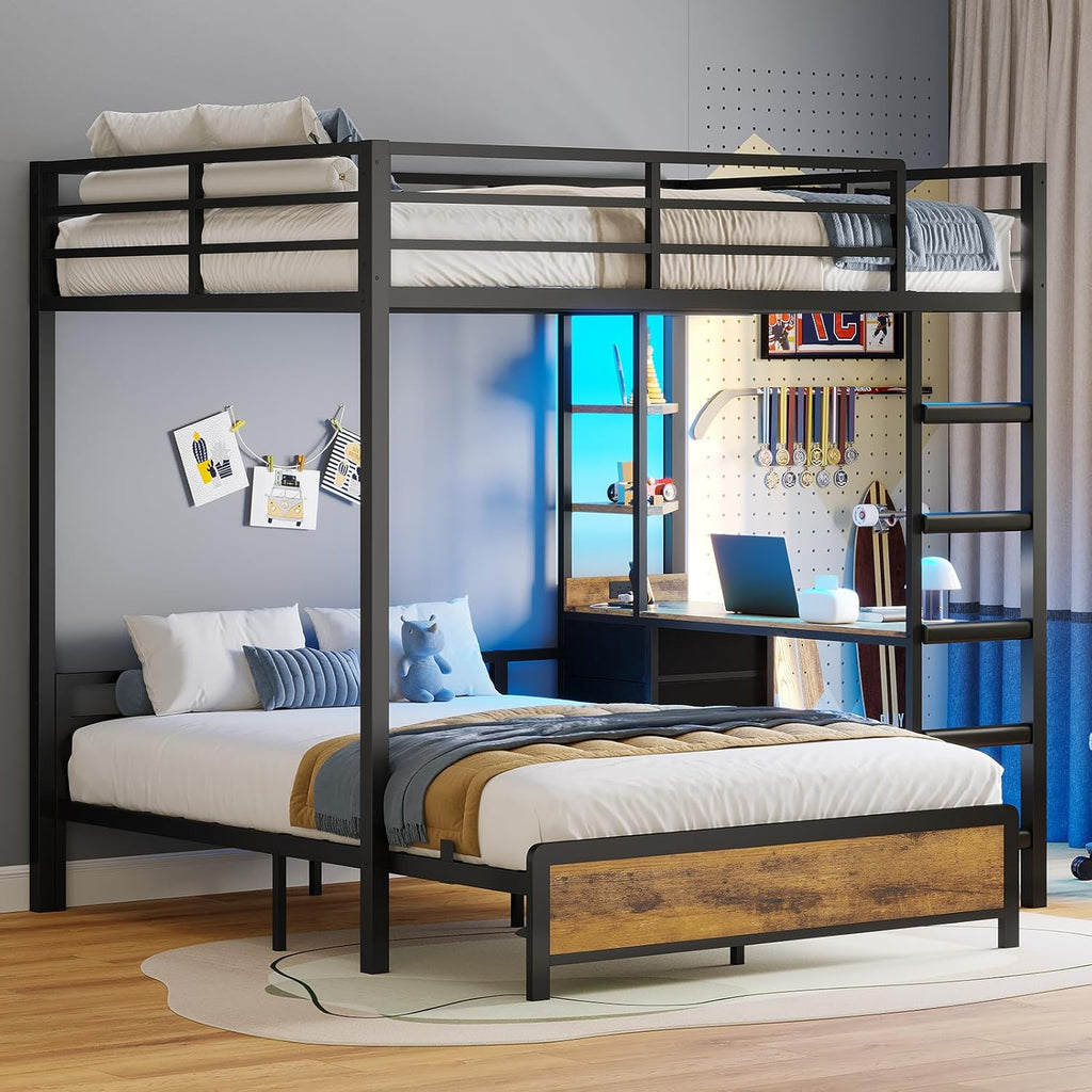ADORNEVE Bunk Bed with Desk, Full Over Full Bunk Beds with Charging Station & Led Lights, 4 Storage Drawers & 2 Open Storage Shelves, Metal Loft Bed with Safety Guardrail & Ladder for Kids/Teen, Black