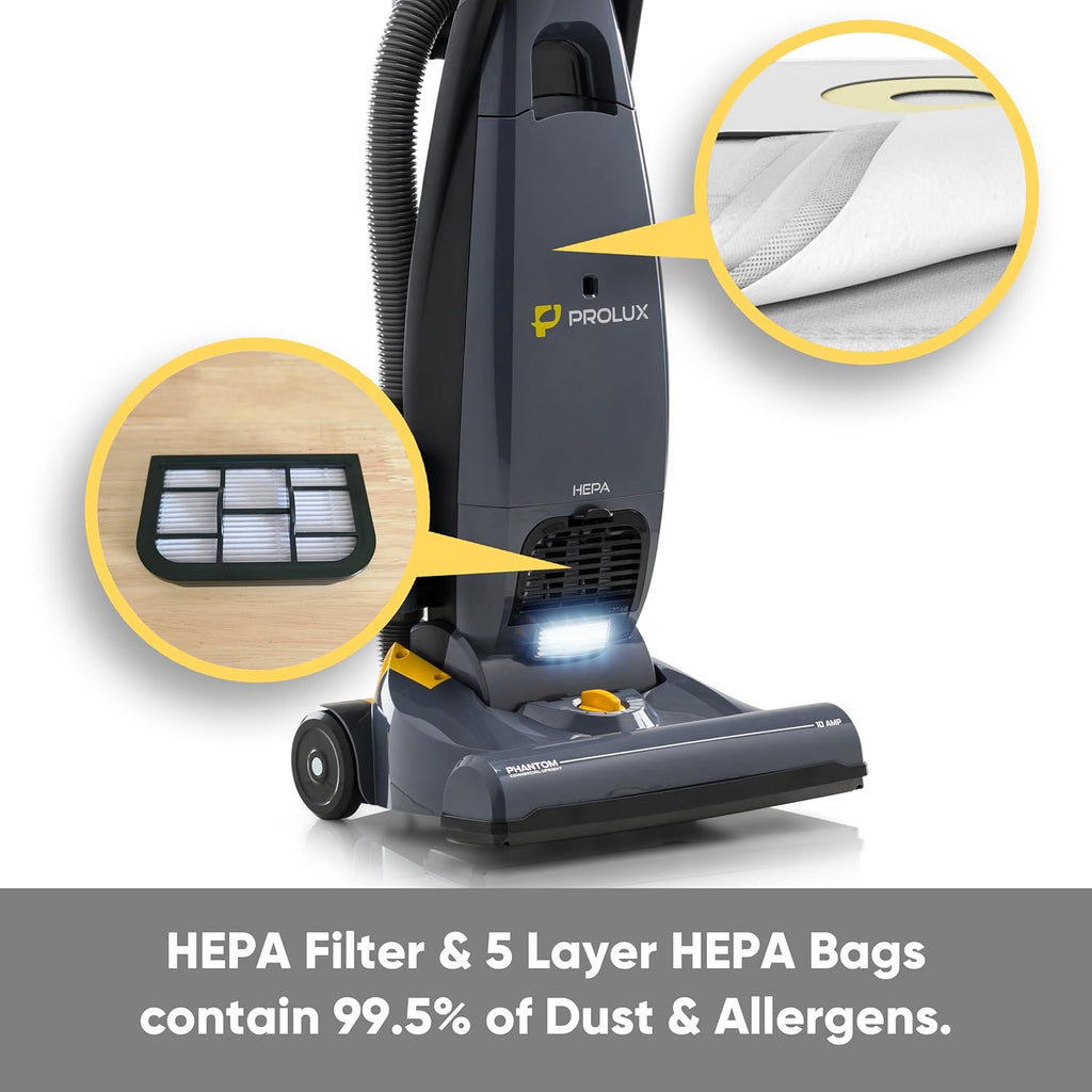 Prolux Phantom Pro Commercial Upright Vacuum Cleaner – HEPA Filtration, Bagged, High-Suction, Deep Cleaning, Lightweight with Onboard Tools only 12lbs Ideal for Business, Professional & Industrial Use