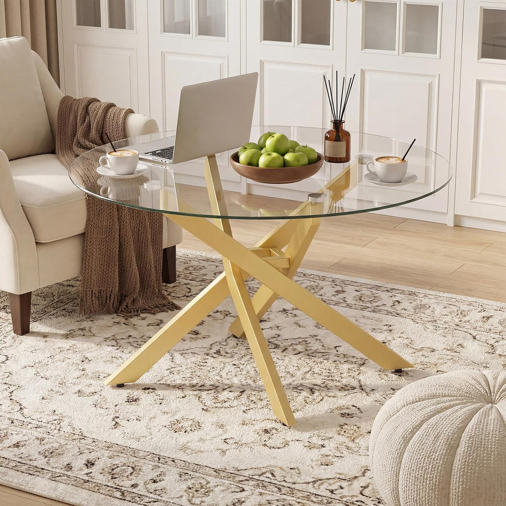 Giantex Round Glass Coffee Table, 31.5" Modern Center Table with Tempered Glass Top & Geometric Metal Frame, Clear Accent Cocktail Table, Small Coffee Table for Living Room, Small Spaces (Gold)
