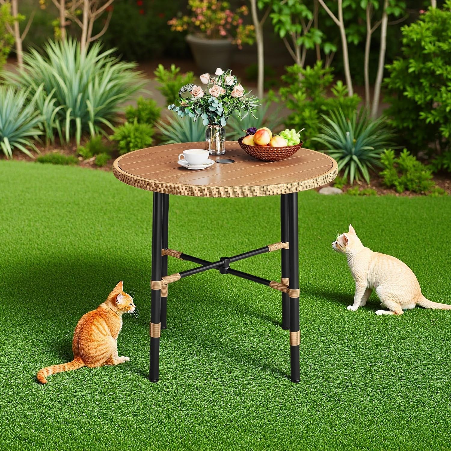 DWVO Outdoor Patio Dining Table Round for 4 35.4" Outdoor Tables with Umbrella Hole & Adjustable Levelers All-Weather Bistro Table with Metal Frame for Lawn Garden Backyard