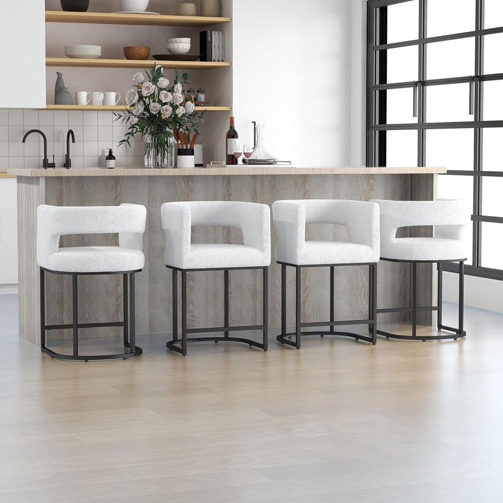 Westice Bar Stools Set of 3, 26” Seat Height Counter Height Stools with Curved Backrest, Barrel Sherpa Fabric Bar Chairs with Metal Frames, Upholstered Chairs for Kitchen Island, Pub, Club, Beige