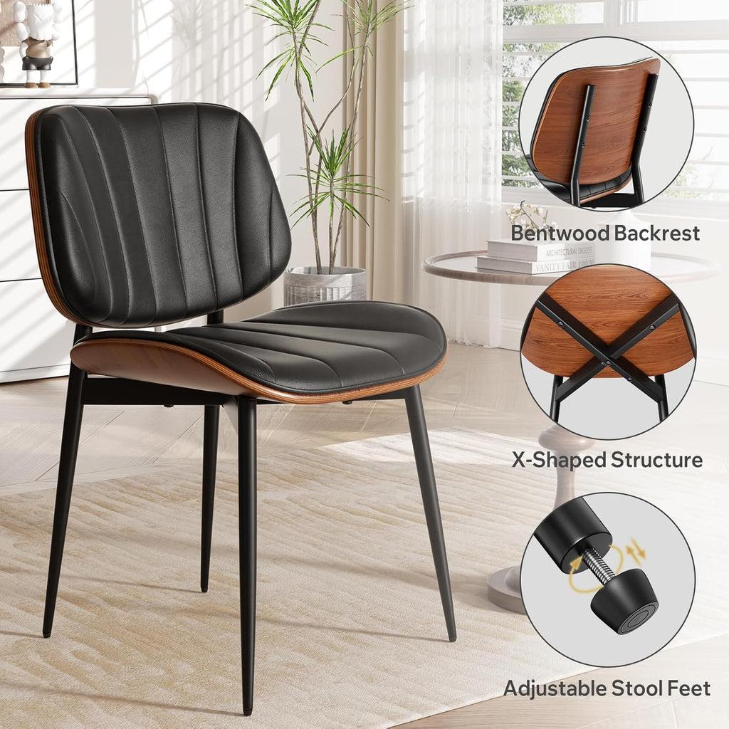 Dining Chairs Set of 4, Mid Century Modern Dining Room Chair, Upholstered Faux Leather Kitchen Chairs with Walnut Bentwood Back and Metal Legs for Kitchen Dining Room Living Room, Black