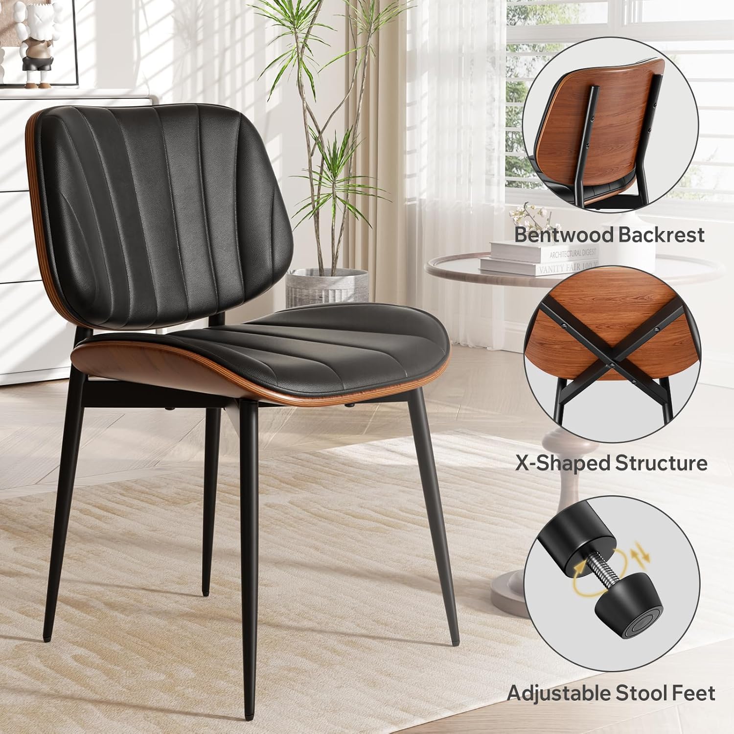 Dining Chairs Set of 4, Mid Century Modern Dining Room Chair, Upholstered Faux Leather Kitchen Chairs with Walnut Bentwood Back and Metal Legs for Kitchen Dining Room Living Room, Black