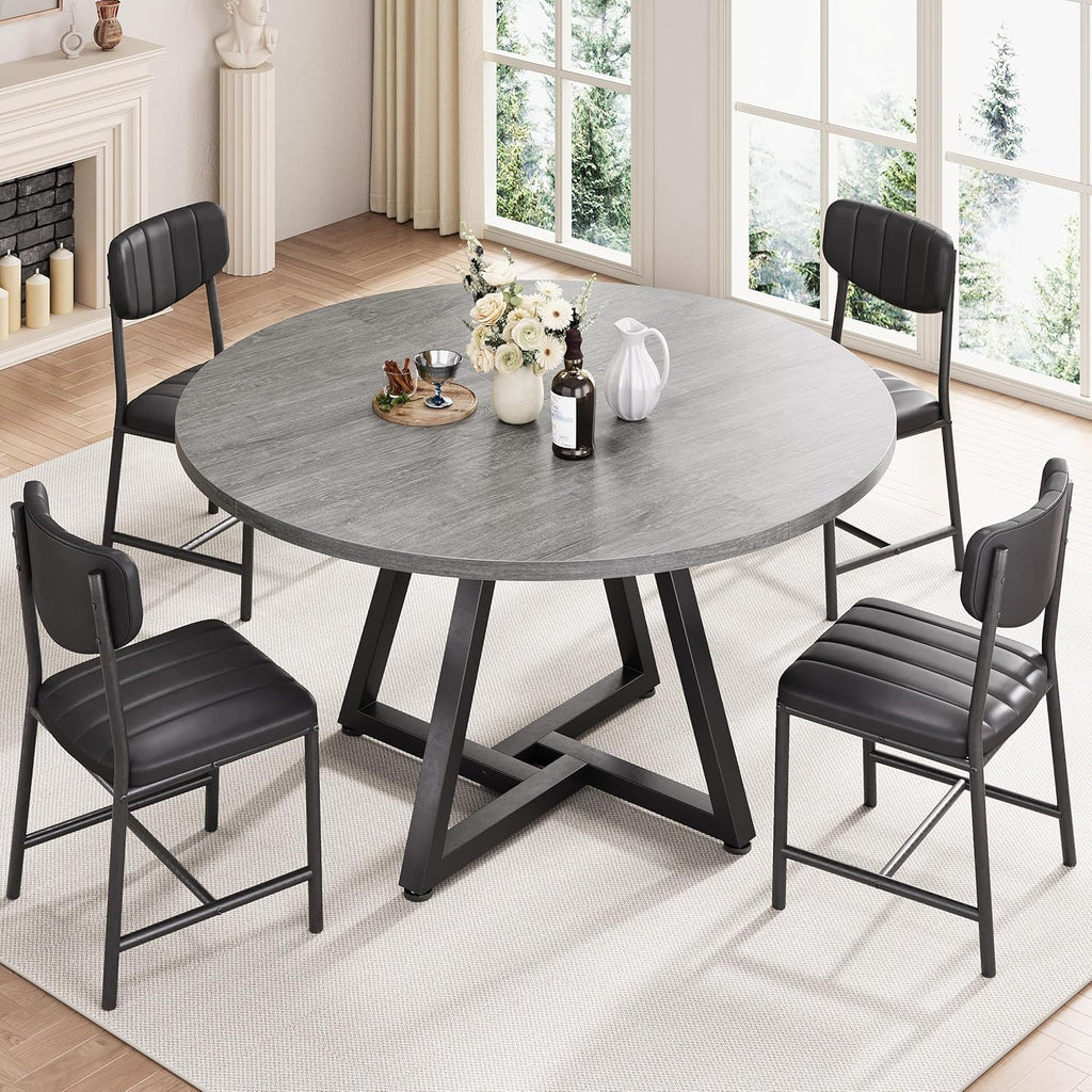 Jocoevol 42“ Round Kitchen Dining Room Table for 2-4, Circle Dining Dinner Table with Pedestal Metal Frame, Space Saving Wood Industrial Furniture for Small Space (Grey, 42IN)